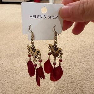 Helen's Shop Red Feather Drop Earrings - Gold Accent: new never worn